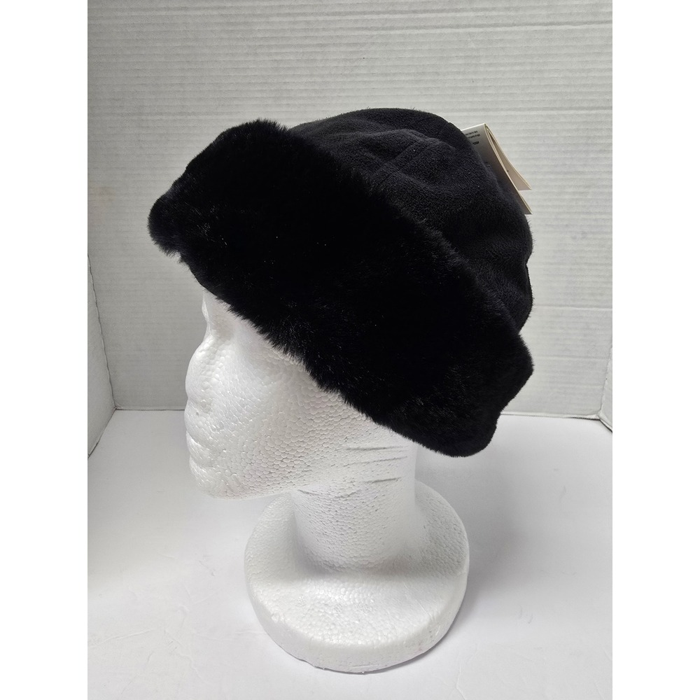 Isotoner Womens SmartDri Black Fleece Faux Fur Trim Bucket Hat S/M NWT